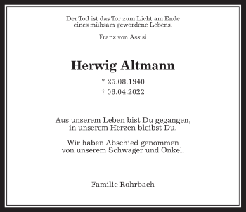 Traueranzeige von Herwig Altmann von Wetterauer Zeitung, Giessener Allgemeine, Alsfelder Allgemeine