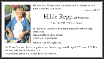Traueranzeige von Hilde Repp von Giessener Allgemeine, Alsfelder Allgemeine, Giessener Anzeiger