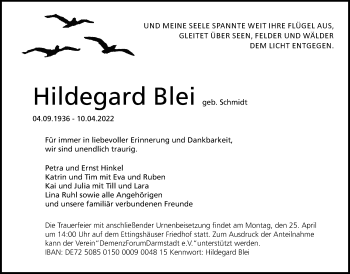 Traueranzeige von Hildegard Blei von Giessener Allgemeine, Alsfelder Allgemeine, Giessener Anzeiger