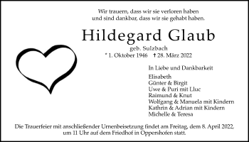 Traueranzeige von Hildegard Glaub von Wetterauer Zeitung