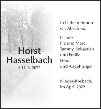 Traueranzeige von Horst Hasselbach von Wetterauer Zeitung