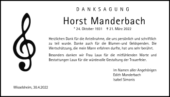 Traueranzeige von Horst Manderbach von Wetterauer Zeitung
