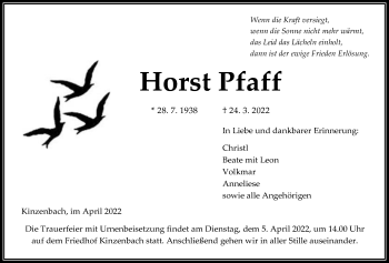 Traueranzeige von Horst Pfaff von Giessener Allgemeine, Alsfelder Allgemeine