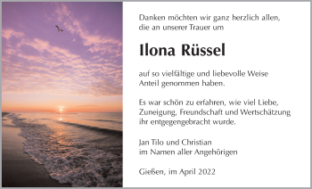 Traueranzeige von Ilona Rüssel von Giessener Allgemeine, Alsfelder Allgemeine, Giessener Anzeiger