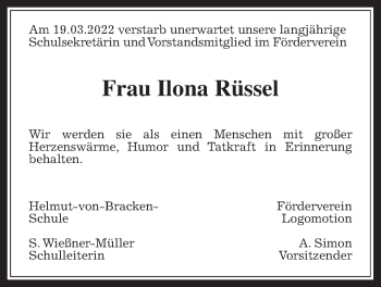 Traueranzeige von Ilona Rüssel von Giessener Allgemeine, Alsfelder Allgemeine
