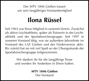 Traueranzeige von Ilona Rüssel von Giessener Allgemeine, Alsfelder Allgemeine, Giessener Anzeiger