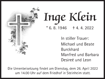 Traueranzeige von Inge Klein von Licher Wochenblatt