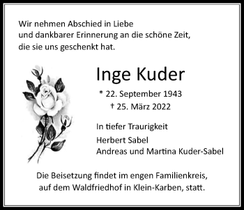 Traueranzeige von Inge Kuder von Bad Vilbel/Karben