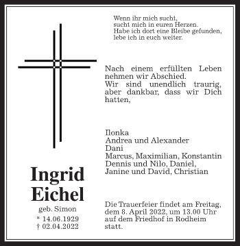 Traueranzeige von Ingrid Eichel von Wetterauer Zeitung