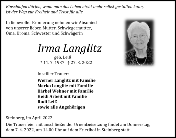 Traueranzeige von Irma Langlitz von Kreis-Anzeiger