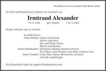 Traueranzeige von Irmtraud Alexander von Alsfelder Allgemeine