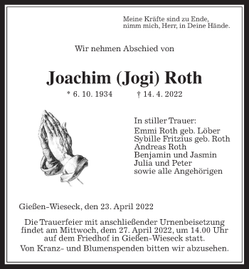 Traueranzeige von Joachim Roth von Giessener Allgemeine, Alsfelder Allgemeine, Giessener Anzeiger