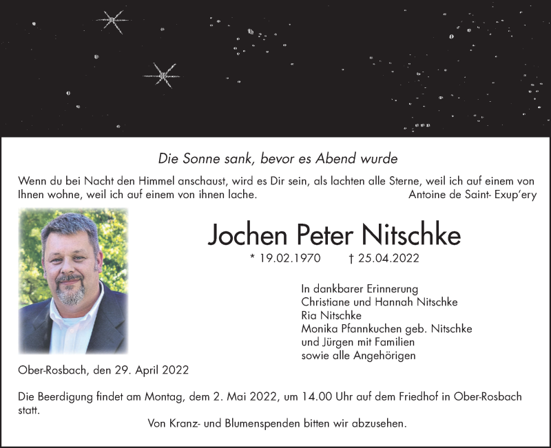  Traueranzeige für Jochen Peter Nitschke vom 29.04.2022 aus Wetterauer Zeitung