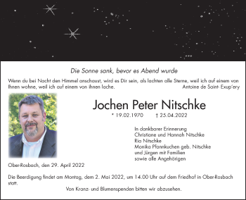 Traueranzeige von Jochen Peter Nitschke von Wetterauer Zeitung