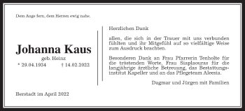 Traueranzeige von Johanna Kaus von Wetterauer Zeitung