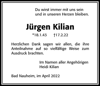 Traueranzeige von Jürgen Kilian von Wetterauer Zeitung