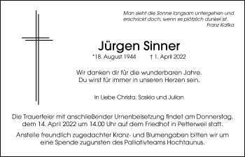 Traueranzeige von Jürgen Sinner von Bad Vilbel/Karben