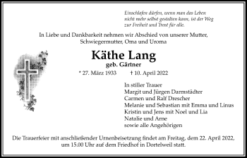 Traueranzeige von Käthe Lang von Bad Vilbel/Karben