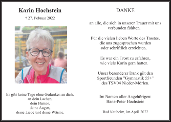 Traueranzeige von Karin Hochstein von Wetterauer Zeitung