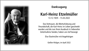 Traueranzeige von Karl-Heinz Etzelmüller von Giessener Allgemeine, Alsfelder Allgemeine, Giessener Anzeiger