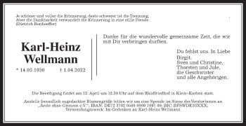 Traueranzeige von Karl-Heinz Wellmann von Wetterauer Zeitung