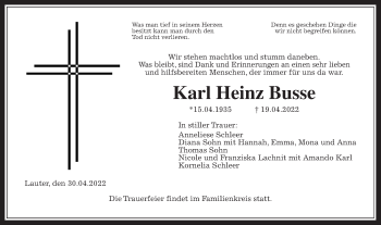 Traueranzeige von Karl Heinz Busse von Giessener Allgemeine, Alsfelder Allgemeine