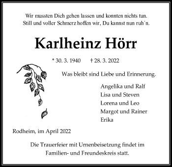 Traueranzeige von Karlheinz Hör von Giessener Allgemeine, Alsfelder Allgemeine, Giessener Anzeiger