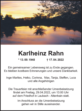 Traueranzeige von Karlheinz Rahn von Giessener Allgemeine, Alsfelder Allgemeine, Giessener Anzeiger, Kreis-Anzeiger