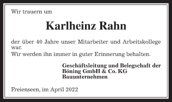 Traueranzeige von Karlheinz Rahn von Alsfelder Allgemeine