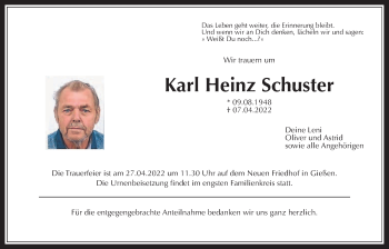 Traueranzeige von Karl Heinz Schuster von Giessener Allgemeine, Alsfelder Allgemeine