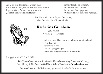 Traueranzeige von Katharina Grünbein von Giessener Allgemeine, Alsfelder Allgemeine