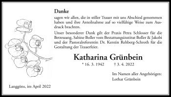 Traueranzeige von Katharina Grünbein von Giessener Allgemeine, Alsfelder Allgemeine