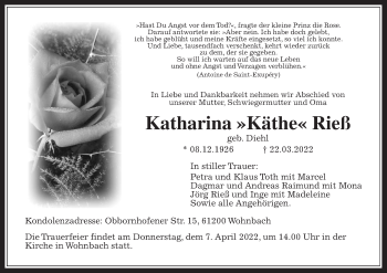 Traueranzeige von Katharina Rieß von Wetterauer Zeitung