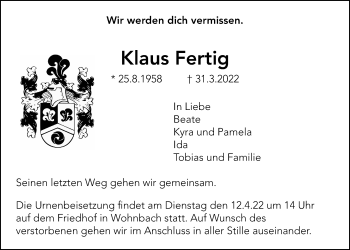 Traueranzeige von Klaus Fertig von Wetterauer Zeitung