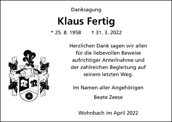 Traueranzeige von Klaus Fertig von Wetterauer Zeitung