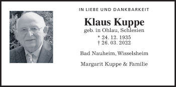 Traueranzeige von Klaus Kuppe von Wetterauer Zeitung