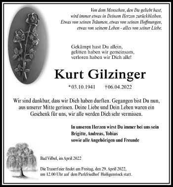 Traueranzeige von Kurt Gilzinger von Bad Vilbel/Karben