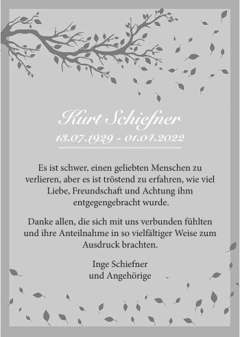 Traueranzeige von Kurt Schiefner von Kreis-Anzeiger
