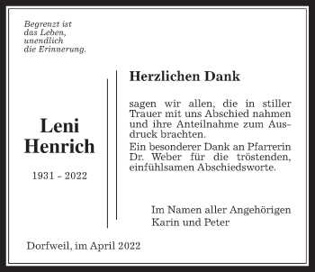 Traueranzeige von Leni Henrich von Usinger Anzeiger
