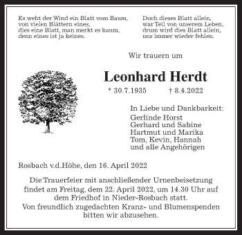 Traueranzeige von Leonhard Herdt von Wetterauer Zeitung