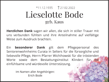 Traueranzeige von Lieselotte Bode von Kreis-Anzeiger