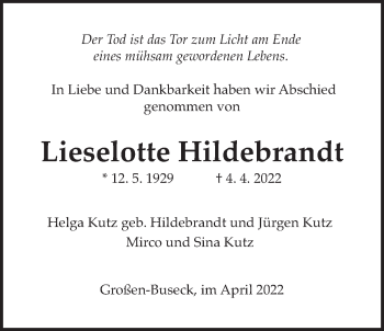 Traueranzeige von Lieselotte Hildebrandt von Giessener Allgemeine, Alsfelder Allgemeine, Giessener Anzeiger