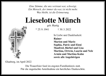 Traueranzeige von Lieselotte Münch von Wetterauer Zeitung