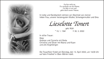 Traueranzeige von Lieselotte Tonert von Wetterauer Zeitung