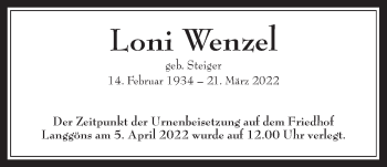 Traueranzeige von Loni Wenzel von Giessener Anzeiger, Giessener Allgemeine, Alsfelder Allgemeine