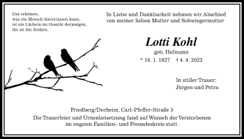 Traueranzeige von Lotti Kohl von Wetterauer Zeitung