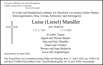 Traueranzeige von Luise Mandler von Giessener Allgemeine, Alsfelder Allgemeine, Giessener Anzeiger