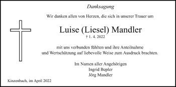 Traueranzeige von Luise Mandler von Giessener Allgemeine, Alsfelder Allgemeine, Giessener Anzeiger