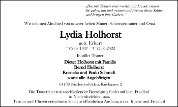 Traueranzeige von Lydia Holhorst von Bad Vilbel/Karben