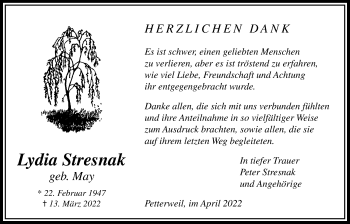 Traueranzeige von Lydia Stresnak von Bad Vilbel/Karben